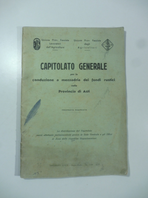 Capitolato generale per la conduzione a mezzadria dei fondi rustici nella provincia di Asti